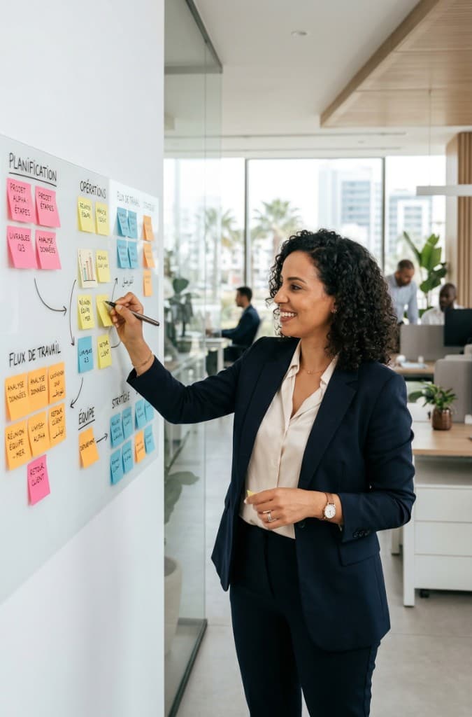 Professionnelle en bureau moderne — planification et opérations sur tableau (illustration)